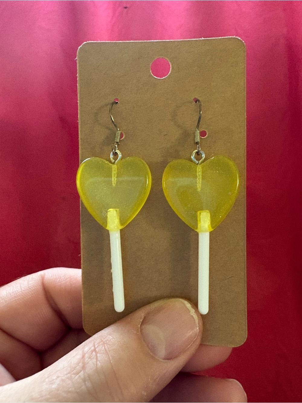 Yellow Glow-In-The-Dark Heart Lollipop Dangle Earrings